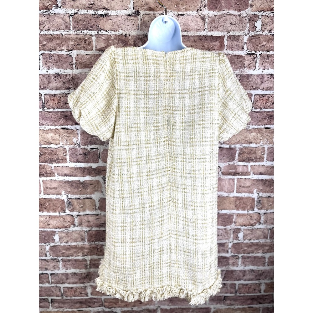 AURA Ivory Gold Metallic Tweed Puff Sleeve Mini Dress Faux Pearl M Old Money - Picture 5 of 13